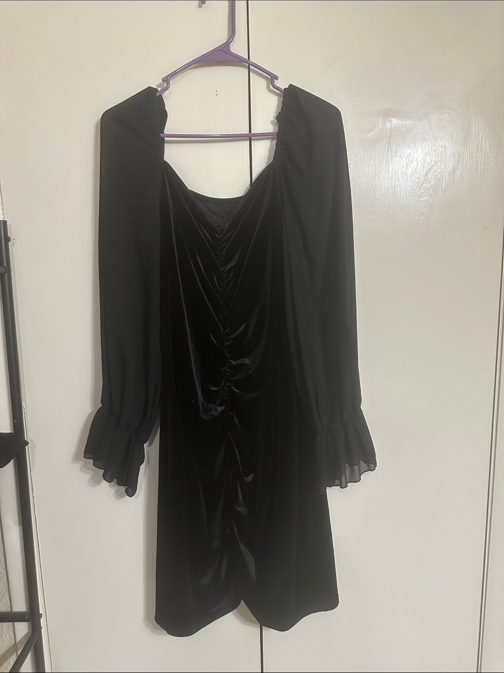 Black Velvet Long-Sleeve Ruched Mini Dress with Ruffle Cuffs